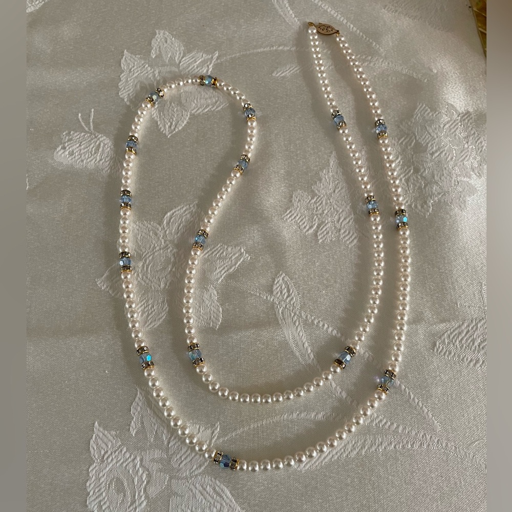 Swarovski pearl and light blue ab crystal necklace